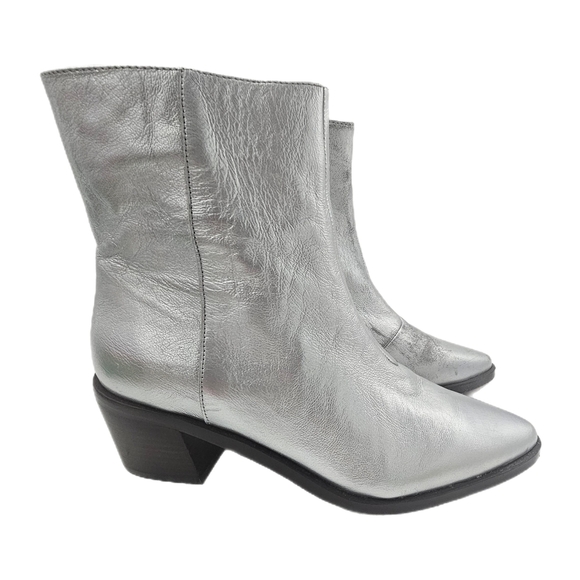 Madewell Darcy Ankle Boot Silver Metallic Stacked Heel Zip-Up Size 9 - Picture 2 of 16